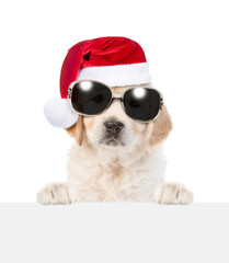 Poster - Cute Golden retriever puppy wearing sunglasses and red santa hat looks above empty white banner. isolated on white background