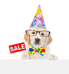 Poster - Cute Golden retriever puppy wearing tie bow, eyeglasses and party cap shows signboard with labeled 