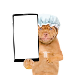 Poster - Smiling Mastiff puppy wearing shower cap shows big smartphone with white blank screen in it paw. isolated on white background