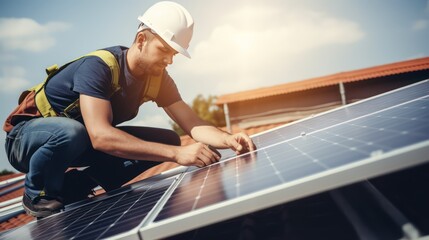 Wall Mural - Construction industry, aerial view. An electrician in a helmet is installing a solar panel system outdoors. Engineer builds solar panel station on house roof