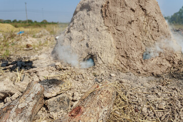 Burning charcoal in the rice fields