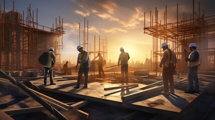 Wall Mural - A Vector illustration of builders, construction site, workers