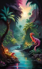  Jungle landscape with river and palms. Interior print mural, Generative AI 