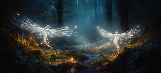 Wall Mural - Two glowing ethereal fairies with wings in dark magical forest filled with misty light and sparkles. Angelic beings playing in the woods. Playful spirits of nature, fairytale creatures.