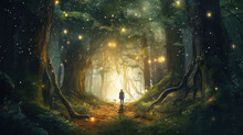 Person Walking Along The Path Through The Dark Enchanted Forest Towards The Light. Magical Landscape With Glowing Lights And Sparkles, Old Trees With Strong Roots. Energy Of Nature.