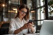 © ryker - A smiling businesswoman sits in a cafe, working on her laptop, surrounded by the warm ambiance of the coffee shop, embodying the beauty of technology and productivity
