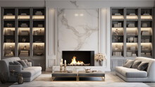 Living Room, Marble Wall Fireplace And Stylish Bookcase To The Ceiling In A Chic Expensive Interior Of A Luxurious Country House  A Modern Design Wood And Led Light, Gray Furniturу