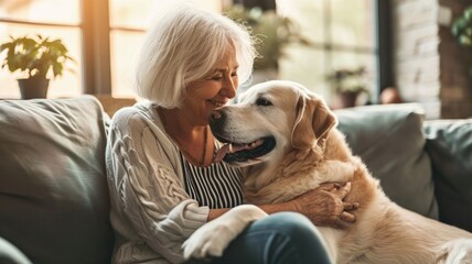 Wall Mural - happy people at home with favorite pet , love and friendship of human and animal pragma