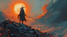 Samurai Sunset Wallpaper Digital Painting