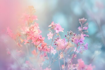  An ethereal display of delicate flowers in a dreamy pastel setting evokes a sense of calm and serenity