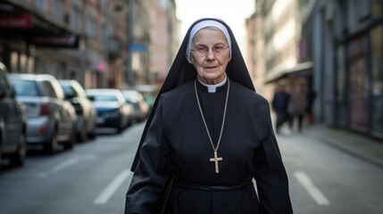 An old Catholic nun walks along a city street. Religion and culture.