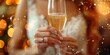 Bride's hands holding a glass of champagne, engagement ring sparkling. Out of focus bubbles and bouquet captured for an elegant, magical shot. Lit with a diffused strobe for an airy feel generative ai