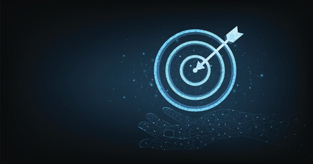 Aufkleber - Set up objectives and targets for business investment concepts. The blue round-shaped target consisting of polygons with a thin arrow represents setting goals correctly on a dark background