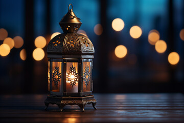 Lantern at the window. Ramadan Kareem greeting card.