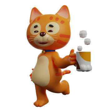  3D illustration. Charming Cat 3D Character holding hot coffee. walking while showing a smiling expression. has an orange body. 3D Cartoon Character