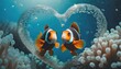 Clown Fish Couple Coral Reef in Heart-shaped Bubble Frame