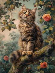 A contemporary illustration capturing the essence of the 1800s, featuring a kitten. Evoking a nostalgic mood with muted color, vintage vibes, suitable for wallpaper, wall art, and cat lovers