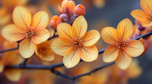 Vivid Berberis Thunbergii Orange Flowers With Detailed Stamens Against A Blurred Background, AI Generated