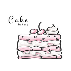 Slice of birthday cake with cherry, watercolor sketch. Doodle. Holiday dessert in vintage style,fashion sketch, freehand drawing, line icon.