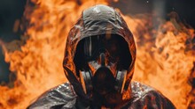 Silhouette Of A Man In A Protective Hazmat Suit Against A Background Of Burning Fire And Billowing Smoke, Loop Video