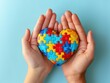 World autism awareness day concept. Adult and child hands holding puzzle heart on light blue background, generative ai