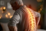 Fototapeta  - Digital composite of highlighted spine of senior man with back pain at home. generative AI