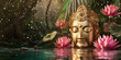 golden crystal buddha face decorated with pink glowing lotuses