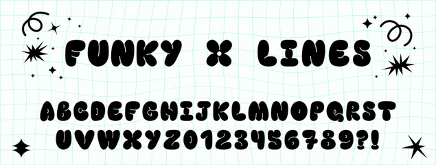 Trendy alphabet letter. Funky organic typeface in retro y2k style. Set with Alphabet and  Numbers. Vector design