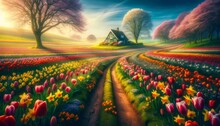 Vibrant Tulip Fields With Farmhouse - Colorful Spring Landscape Art