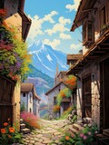 Fototapeta Uliczki - Panoramic Old-World European Alleys Mountain Landscape Art: Stunning Mountain Views Along European Alleys