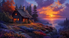 Cabin Cliff Overlooking Ocean Sunset Secluded Dreaming About Faraway Place Splashes Color Realms Cottages Deep Purple Orange Fires Background