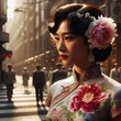 Elegance Amidst the Cityscape , 1930s Chinese woman with cheongsam with Generative AI.