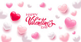 Fototapeta Tulipany - Happy Valentine's Day hand lettering vector. With a beautiful background of 3D hearts. Vector illustration. Text for a card or invitation.