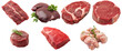 Set of raw different parts of beef such as Brisket, Ribeye, Round beef, Short Ribs, Liver, Sweetbreads,  isolated on transparent background