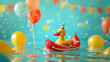 A whimsical rubber ducky sets sail on a boat adorned with colorful balloons, floating merrily on the water while bringing a touch of childhood joy to the scene