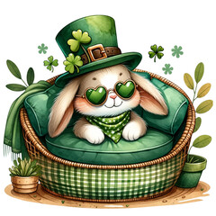 cute St.Patrick bunny on green sofa