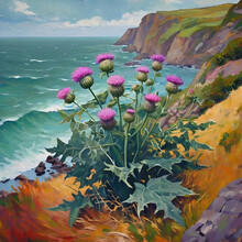Illustration Of A Purple Thistle Growing On A Cliff By The Sea
