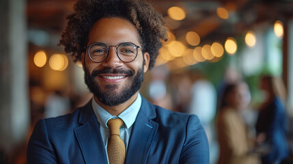 Wall Mural - Close-up view of a smiling and confident African American male business executive - CEO - Professor - Office worker - blurred background - motivated black professional 