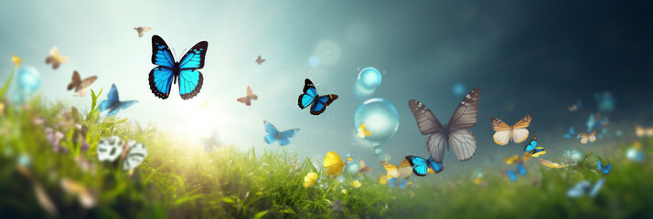 Poster - a group of beautiful butterflies were flying between the green grass and the clear sky