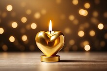 Golden Heart Candle On Bokeh Background
