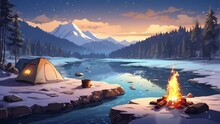 Camping By The River In Winter, While Warming By The Campfire. Seamless Looping Time-lapse 4k Animation Video Background