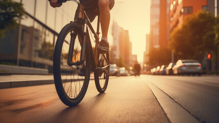 Wall Mural - young man riding a bicycle on a road in a city