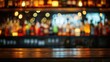 Wooden bar counter on a blurred background of bottles. Advertising space