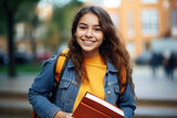 Fototapeta Tematy - Girl with backpack is holding book. This image can be used to depict education, learning, or travel