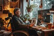 A wheelchair-using middle-aged guy works from his home office. Generative Ai.