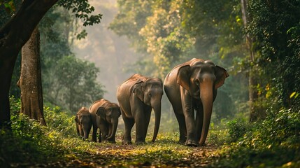 elephant family walking together in the forest, Misty Weather