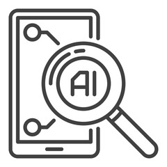 Poster - Magnifying Glass Smart Phone with Artificial Intelligence vector AI icon or sign in thin line style