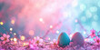 Whimsical Easter joyful background, lights in the spring background , pink , turquoise , colorful eggs