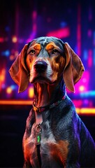 Wall Mural - A portrait photo highlighting an American English Coonhound dog, with a background illuminated by vibrant neon lights