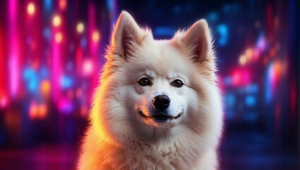 Wall Mural - A portrait photo showcasing an American Eskimo Dog, set against a backdrop of vibrant neon lights